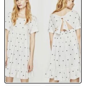 2/25 Zara Polka Dot Flounce Hem Mini Baby Doll White Dress with black dots bow